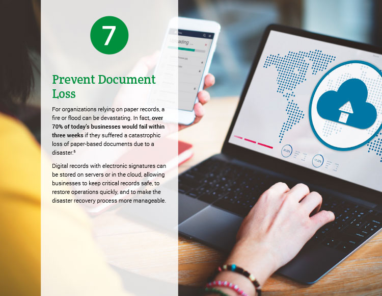 7. Prevent Document Loss. For organizations relying on paper records, a fire or flood can be devastating. In fact, over 70% of today's businesses would fail within three weeks if they suffered a catastrophic loss of paper-based documents due to a disaster. Digital records with electronic signatures can be stored on servers or in the cloud, allowing businesses to keep critical records safe, to restore operations quickly, and to make the disaster recovery process more manageable.