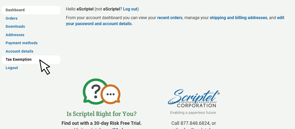 Tax Exempt tab on My Account page
