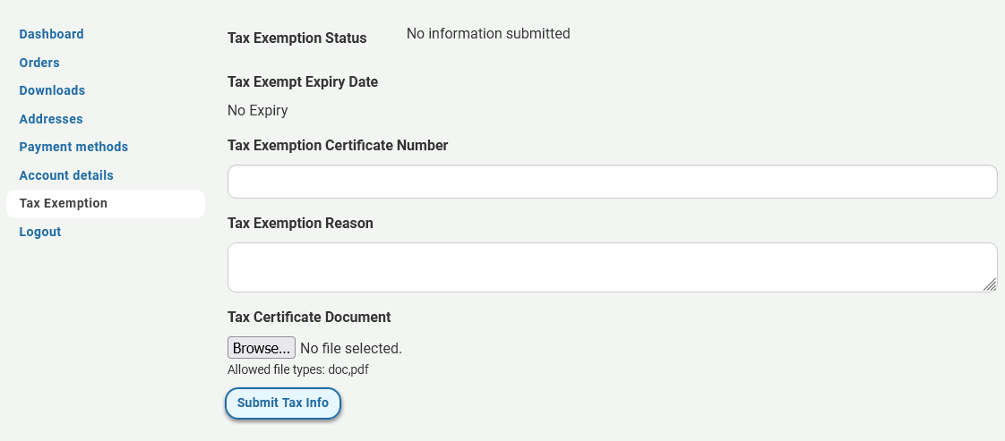 Tax Exemption data entry