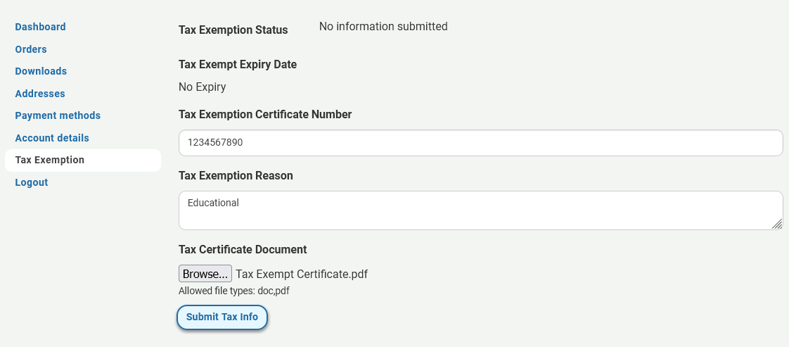 Tax Exemption data entry